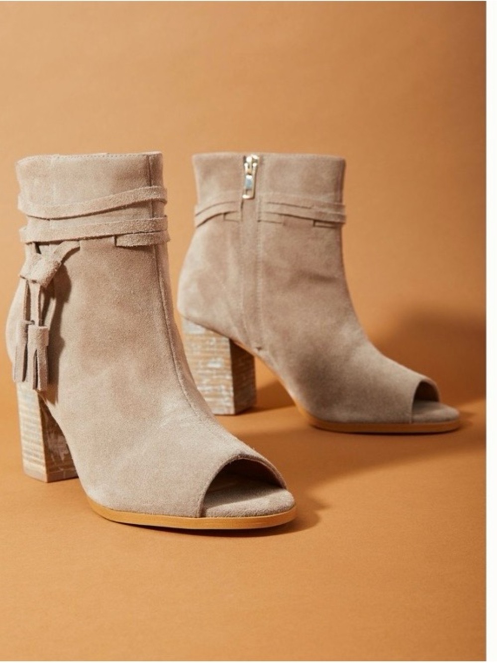 Anthropologie Beige Suede Peep-Toe Ankle Booties